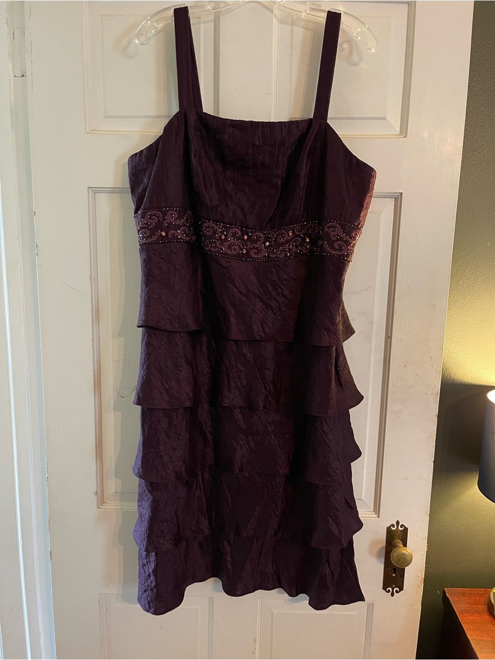 dressbarn Purple Tiered Beaded Waist Midi Dress